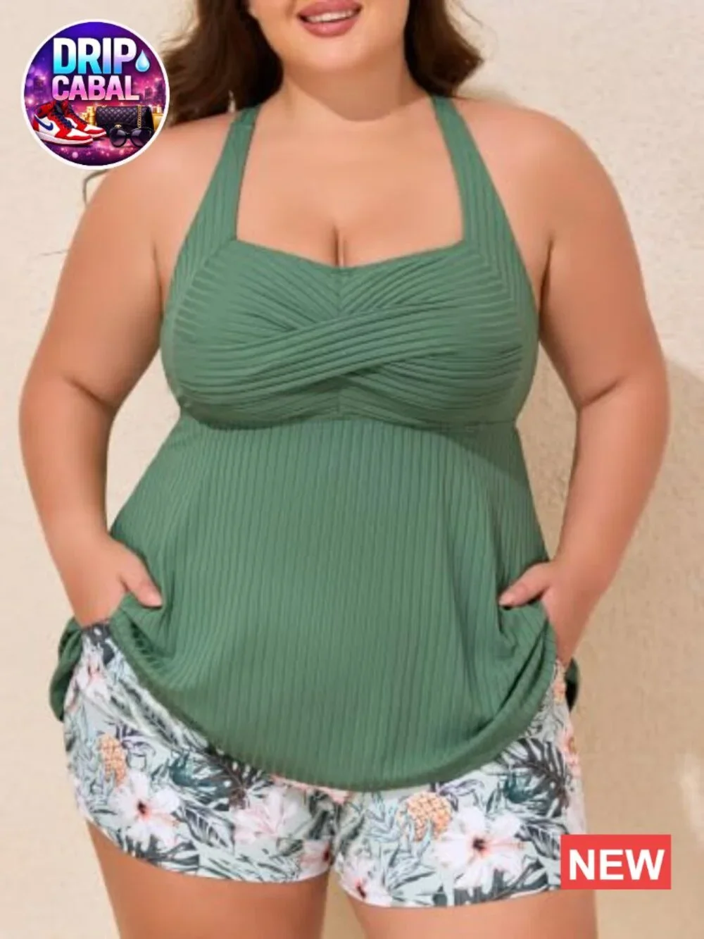Plus Size Tankini Two Piece Bathing Suit with Pockets Shorts Tummy Control